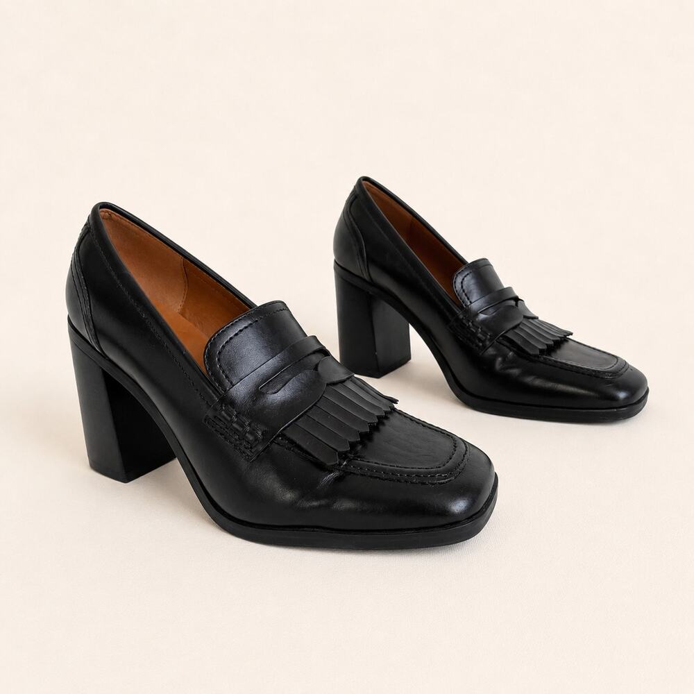 Marc Fisher Hamish Black Loafer Vegan Leather Block Heel Square Toe Kiltie 8